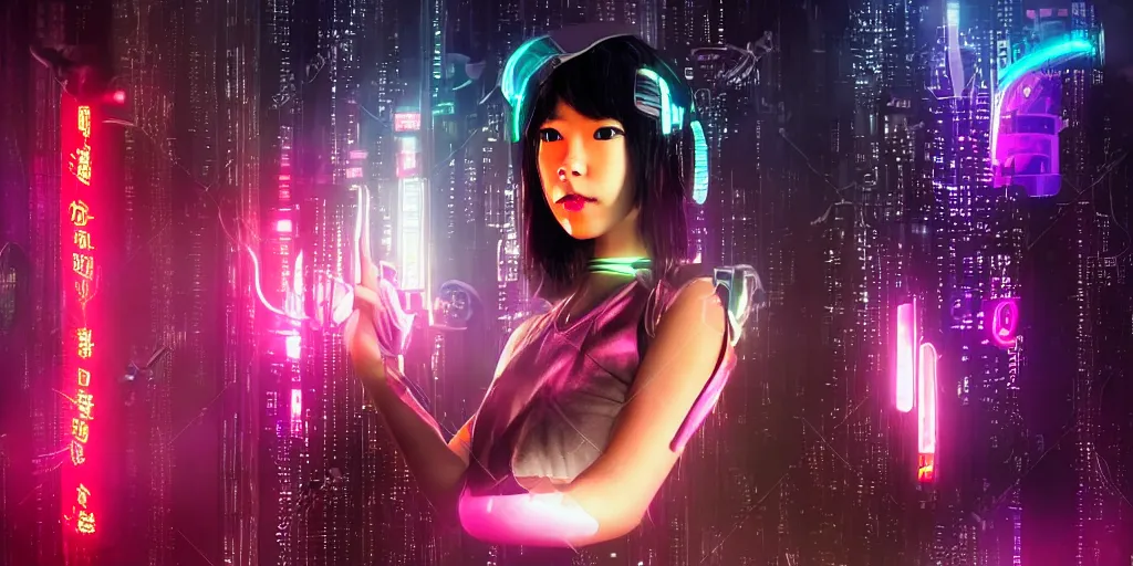 Prompt: cyberpunk people futuristic banner neon girl halo, asian girl, sci fi background, glow in the dark