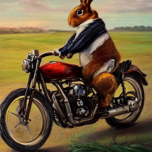 Prompt: a portrait of a bunny riding a motorcycle, oil painting, detailed, beautiful