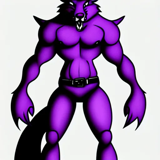 Image similar to giant muscular purple wolf dragon, generic furry style, wearing jeans and a crop top, deviantart, professional furry drawing, insanely detailed, artistic design, wolf - like face