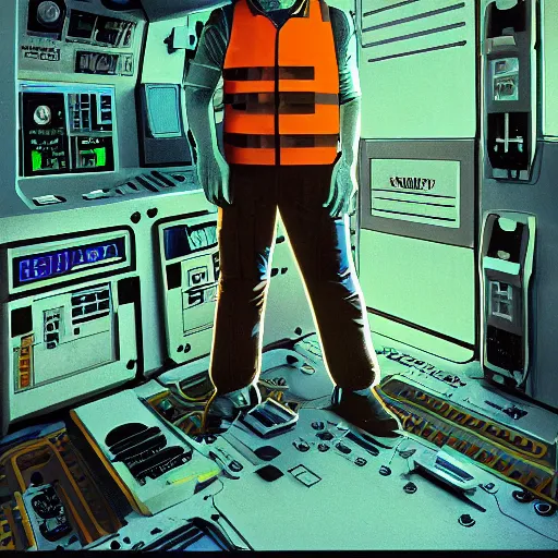 Prompt: safety inspector wearing orange safety vest and hard hat, starship cargo bay, nostromo, modular, cassette futurist, alien 1 9 7 9, ron cobb, mike mignogna, highly detailed, safety labels, glowing buttons, green crt monitors, comic book, oil painting, science fiction, punk, grunge, used future, hdr light realistic detail - - ar 1 6 : 9