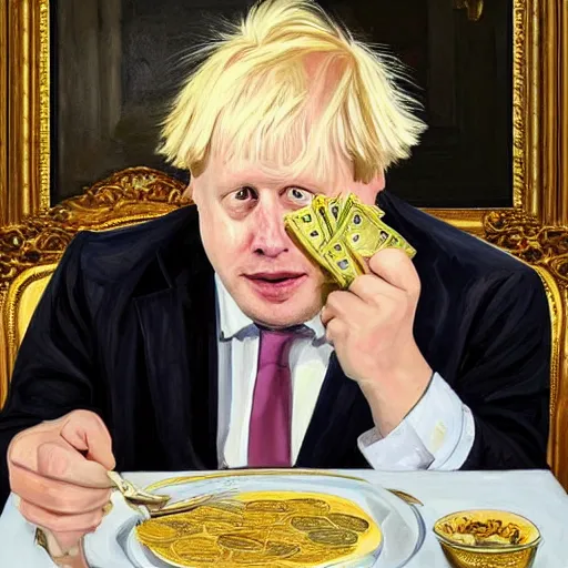 Prompt: painting of boris johnson eating a plate of money pound notes with a knife and fork, ornate feeling, chandelier, royal palace interior