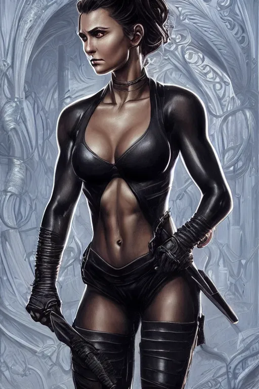 Prompt: muscled Nina Dobrev as a heroine in black leather, intricate, elegant, highly detailed, centered, digital painting, artstation, concept art, smooth, sharp focus, illustration, art by artgerm and donato giancola and Joseph Christian Leyendecker, Ross Tran, WLOP