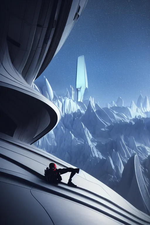 Image similar to a futuristic scene with an astronaut in front of a zaha hadid building in the french alps @ in the style of chris moore, cinematic matte painting, extreme detail photo quality, dark moody colors, featured on behance