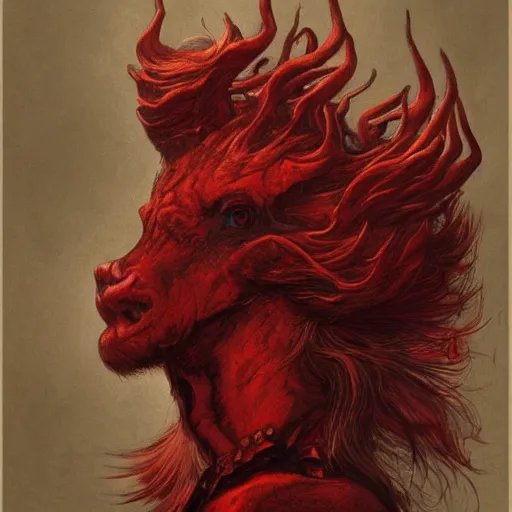 Image similar to a masterpiece! photographic portrait of a scarlet - colored!! beast!! with seven heads!! and ten horns!! by gustave dore and sam spratt and allen williams, trending on artstation, cgsociety, 8 k hd, earthtone colors, a cloaked woman riding the back of the beast