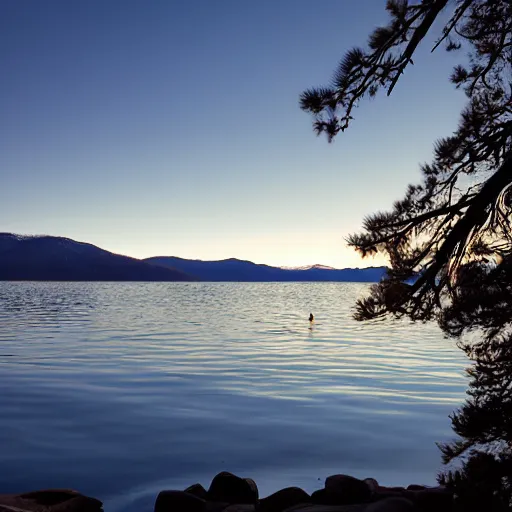 Image similar to nessie at lake tahoe from far off, crystal bay california, professional photography, sunset