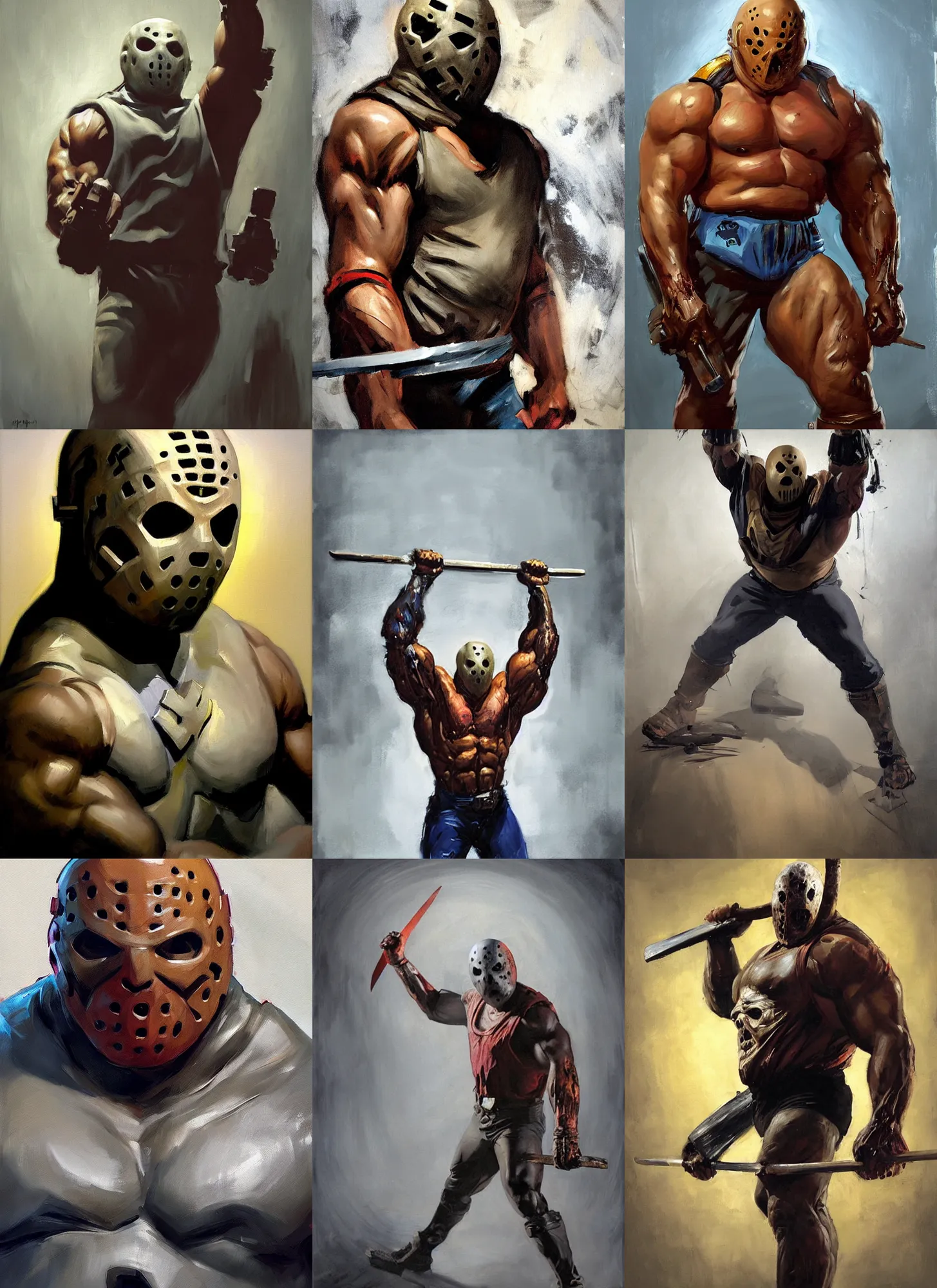 Prompt: greg manchess mid shot portrait painting of oversized powerlifter muscular jason voorhees from evil dead mortal kombat as overwatch character, medium shot, asymmetrical, profile picture, organic painting, sunny day, matte painting, bold shapes, muscular, machete, hard edges, street art, trending on artstation, by huang guangjian and gil elvgren and sachin teng