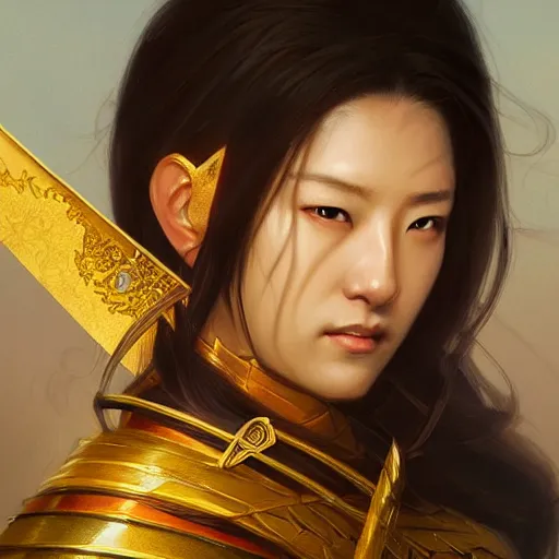 Image similar to female japanese sword goddess, d & d, golden!!! palette, highly detailed, digital painting, artstation, portrait, concept art, sharp focus, illustration, cinematic lighting, art by artgerm and greg rutkowski and alphonse mucha