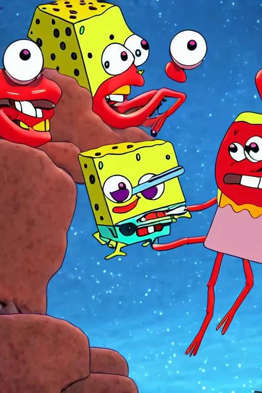 Prompt: sci - fi spongebob fight mr crabs for a burger, anime, 4 k