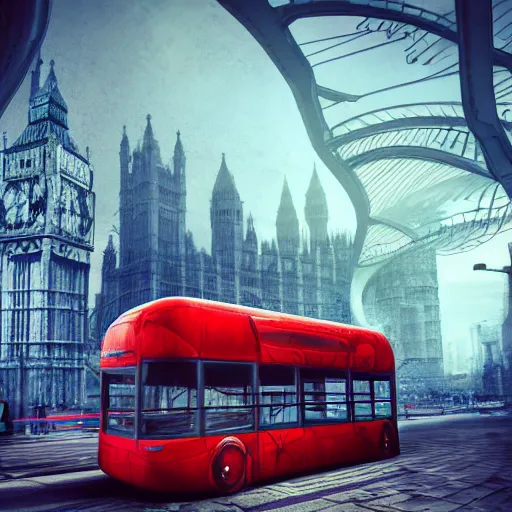 Image similar to mythical red organic biomechanical london bus. futuristic. blue blurry background. highly detailed, intricate steampunk ornate, poetic, 3 d render, digital art, octane render, 8 k artistic photography, photorealistic.