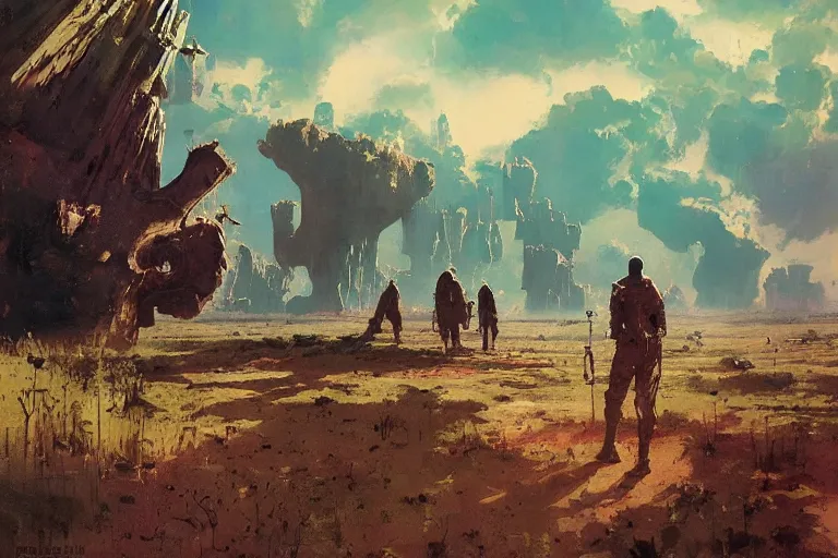 Image similar to 5 0 s pulp scifi illustration, space explorers in beautiful landscape, plain stretching into distance, pond, baobab trees, distant mountains, painted by bergey, craig mullins, john berkey, ruan jia, raymond swanland, jeremy mann, beksinski, jack kirby, tom lovell, alex malveda, schomburg