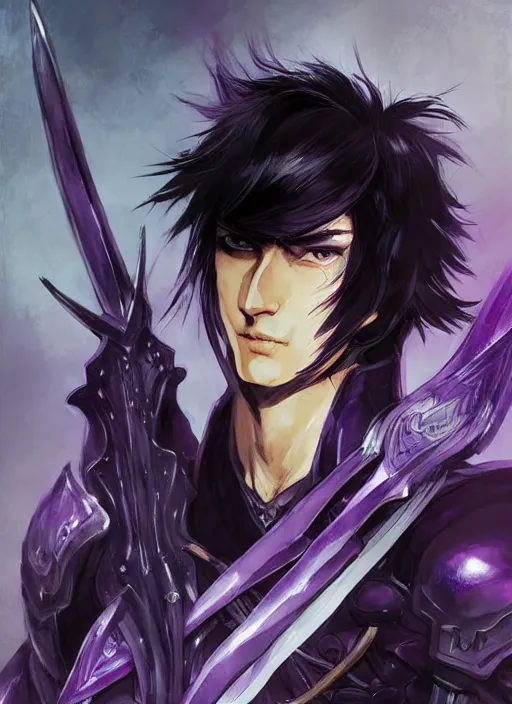 Image similar to Half body portrait of a handsome black haired elven warrior with purple sword. In style of Yoji Shinkawa and Hyung-tae Kim, trending on ArtStation, dark fantasy, great composition, concept art, highly detailed.