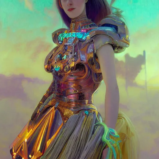 Image similar to a highly detailed portrait of a futuristic princess, neon colored dress, beautiful detail and color, art by john collier and albert aublet and krenz cushart and artem demura and alphonse mucha, volumetric lighting, octane render, 4 k resolution, matte, sharp focus, illustration, art by jacque - louis david, baroque style