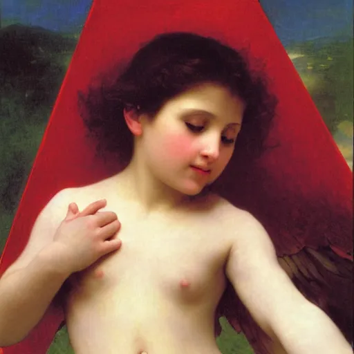 Image similar to Angel crying on top of a red ocean cube, oil painting by William-Adolphe Bouguereau