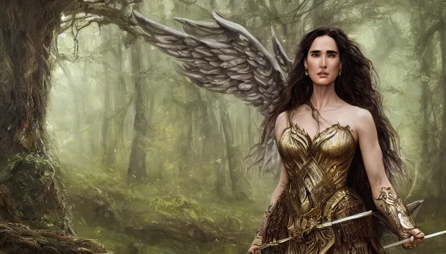 Image similar to A beautiful detailed painting of jennifer connelly as a female angel warrior in a magical forest by alphonse muchaand Kalin Popov , Trending on artstation HD.