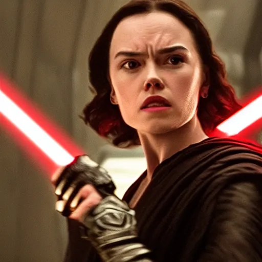 Prompt: movie still of daisy ridley as sith empress wearing a black satin robe and metal belt with dark eye makeup, sweaty, detailed eyes, neutral expression, shallow depth of field, photorealistic, cinematic lighting, lovely bokeh, dark moody light, strong rim light, movie quality, star wars