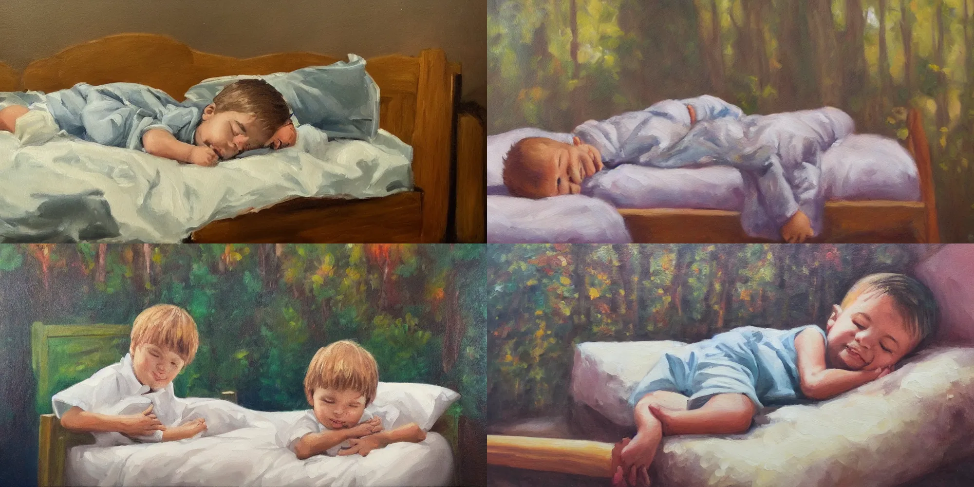 Prompt: oil painting of a little cute boy on his bed dreaming of a beautiful forest