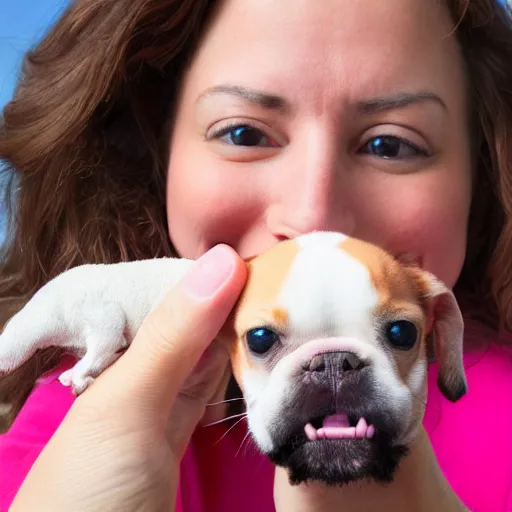 Image similar to photo of person with mouth open with tiny miniature puppy inside mouth