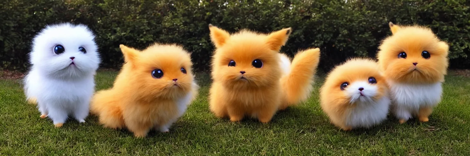 Image similar to different real life pokemons, cute!!!, content!!!, mischievous!!!, adorable!!!, little furballs, fluffy!!!, ultra realistic!!!, golden hour, sharp focus