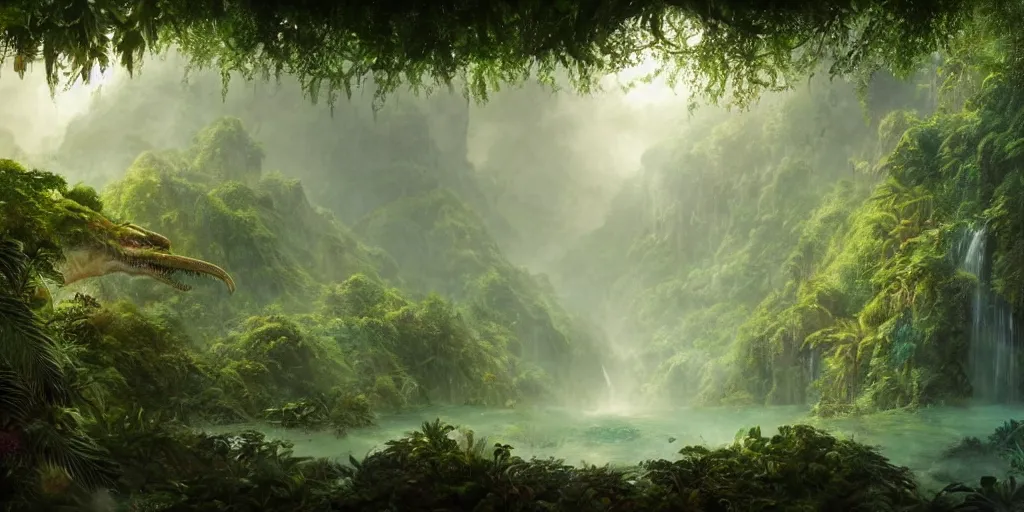 Prompt: a beautiful matte painting of a jungle location filled with green foliage and rainbow colored plants, inhabited by various types of dinosaurs, by Christophe Vacher and Bastien Lecouffe-Deharme, trending on artstation, vivid color scheme,wide angle,highly detailed,v-ray render,photorealistic,4k render