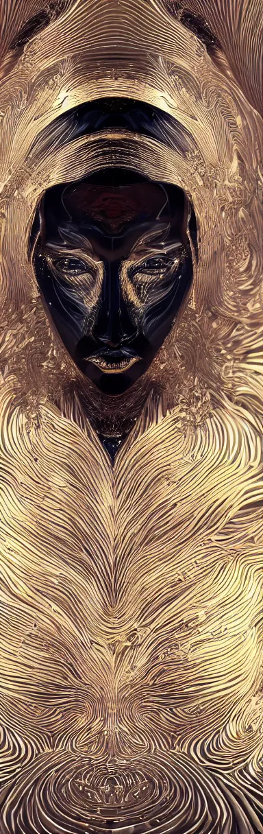 Image similar to epic illustration, low poly gold, neobrutalistic, digital abstract sculpt of beautiful female face body and black swirling latex acrylic portrait, black latex sculpt, minimalism, mechanical superstructure, sacred geometry, 8 k, cinematic, magic hour, beautiful light, sculpture of carving marble, dark colors, filigree ornaments, one point light, clockwork, epic matte painting