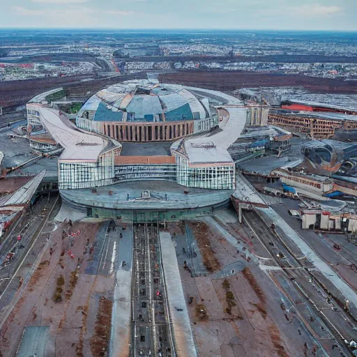 Image similar to Aerial photo of a Minsk city after apocalypse, Minsk Railway station, ultra detailed, High resolution, 4k, nuclear war, alien invasion