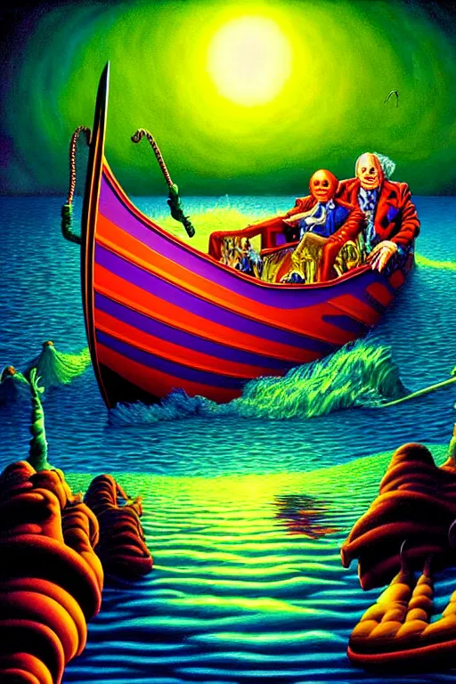 Image similar to a hyperrealistic painting of willy wonkas scary boat ride, cinematic horror by jimmy alonzo, the art of skinner, chris cunningham, lisa frank, richard corben, highly detailed, vivid color,