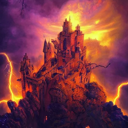 Image similar to A photo of a sorcerer holding torch attacking magic castle under siege, fire from sky, blue lightnings, dramatic purple thunders, golden meteors, war, dramatic shadows, powerful photo, magic, dramatic lighting, intricate, wild, highly detailed, digital painting, artstation, concept art, smooth, sharp focus, illustration, art by artgerm and greg rutkowski and alphonse mucha, footage