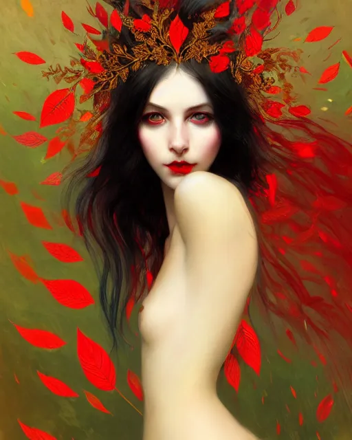 Prompt: highly detailed beautiful pale skin hippie, black hair, flying leaves on backround, symmetrical, red lips, paint by ilya repin and anna dittman trending on artstation, intricate details, energetic composition, golden ratio, concept art, illustration, elegant art
