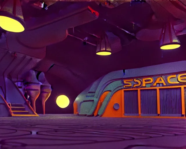 Image similar to low angle interior shot of a space port at night, pulp art, Art Deco, aquatical plants, cinematography by Jim Jarmusch, set design by Joseph Leyendecker and Robert McGinnis and Alfred Henry Maurer, 3d octane blender render, Hippie and boho fashion 1970s, kraut rock soundtrack