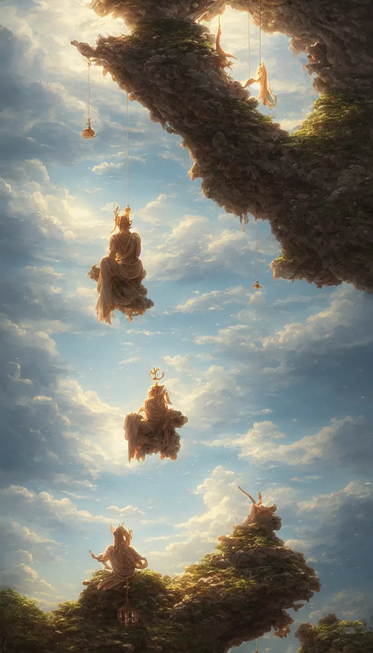 Image similar to wind deity enjoying the view from his stone heavenly palace, decorated with windchimes and paper lanterns, stunning nature and clouds in background, digital art, detailed, by greg rutkowski