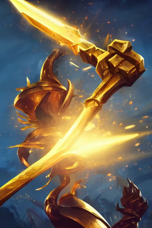 Image similar to a magical golden weapon, d & d, league of legends, concept art, blue background, dramatic lighting. realistic, epic legends, game icon, global illumination, ian pesty