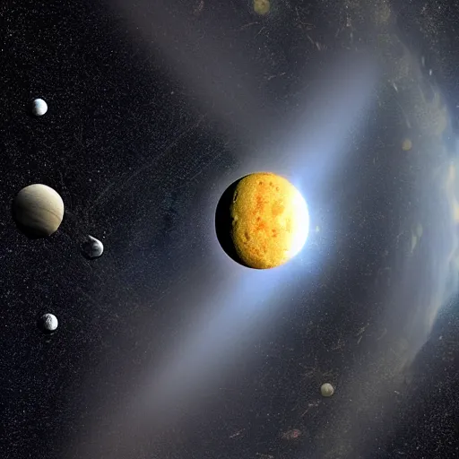 Image similar to hyper realistic photo of the solar system asteroid hitting the moon