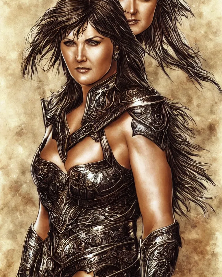 Image similar to lucy lawless, xena warrior princess as an amazon warrior, a tall beautiful woman with brown skin and long hair, dressed in hellenistic body armor, intricate, elegant, highly detailed, smooth, sharp focus, detailed face, art by ardian syaf