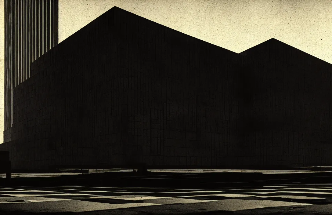 Image similar to line density is used for rendering light and shadow. intact flawless ambrotype from 4 k criterion collection remastered cinematography gory horror film, ominous lighting, evil theme wow photo realistic postprocessing implied lines building by mies van der rohe render by christopher soukup