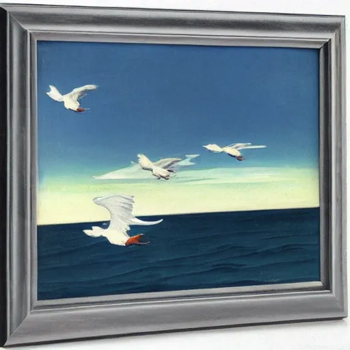 Image similar to white birds flying above the sea with big waves by Edward Hopper