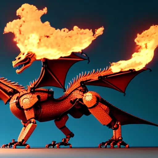 Image similar to an illustration of the full body of a robotic anthromorphic dragon emitting flames from its hands, floating off the ground, photorealistic 3D render, coherent like Dall-E 2