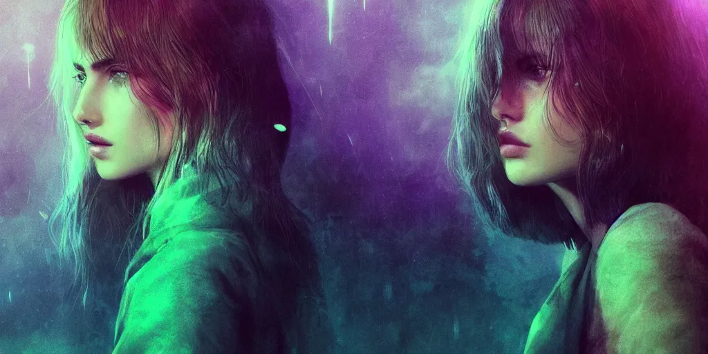 Image similar to beautiful Ana de Armas, blade runner 2049, long flowing hair, trending on artstation, unreal engine, purple neon, green rain, matte painting