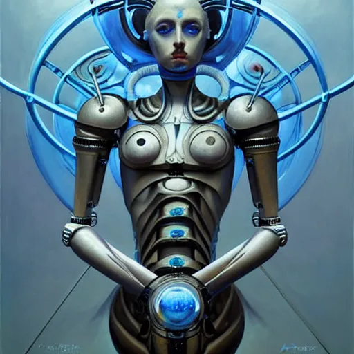 Prompt: hyper realistic mid - length art of a six - armed robot goddess holding geometric shapes, monochromatic body against a blue background. painting by greg rutkowski, scott m fischer, argerm, anne stokes, alexandros pyromallis