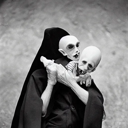 Image similar to portrait of nosferatu playing with his kid, realistic detailed photography, kodak 5 2 1 9 film, 5 0 mm lens