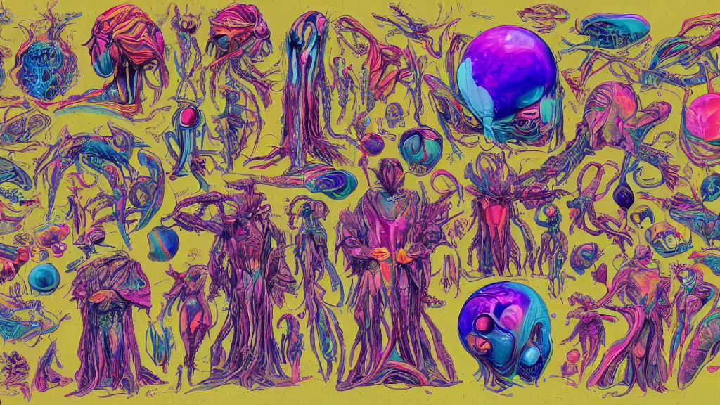 Prompt: colorful and vivid character sheet for an extraterrestrial with large bulbous head, religious robes, retrofuture, high contrast, wayne barlow, ernst haeckel, fantastic planet, moebius, valerian, coherent, illustration, digital art, trending on artstation, hd, 8 k, good lighting, beautiful, rough paper, masterpiece