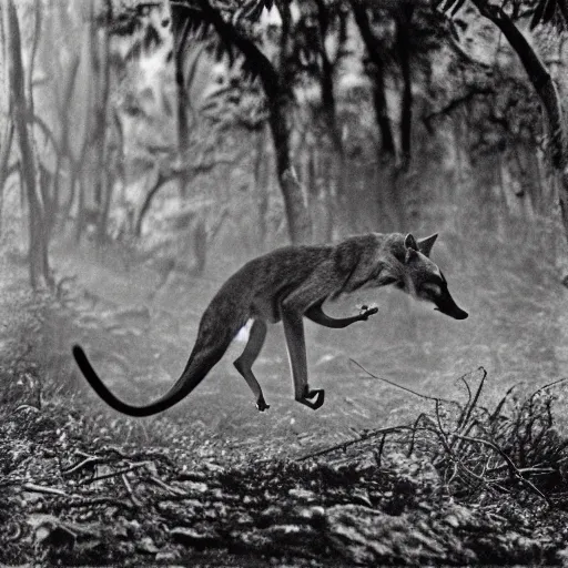 Prompt: ''a sebastião salgado's photograph of a thylacine caught in the wild''