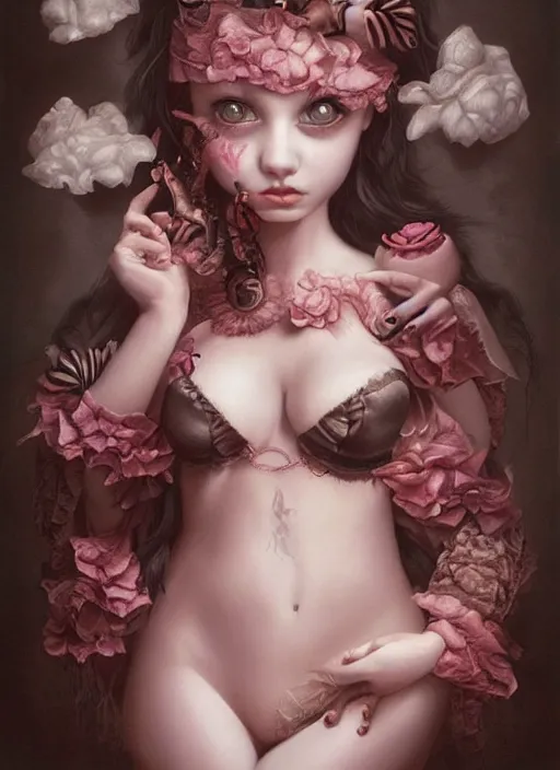 Prompt: pop surrealism, lowbrow art, realistic cute lingerie girl painting, cute frills, hyper realism, muted colours, rococo, natalie shau, loreta lux, tom bagshaw, mark ryden, trevor brown style,