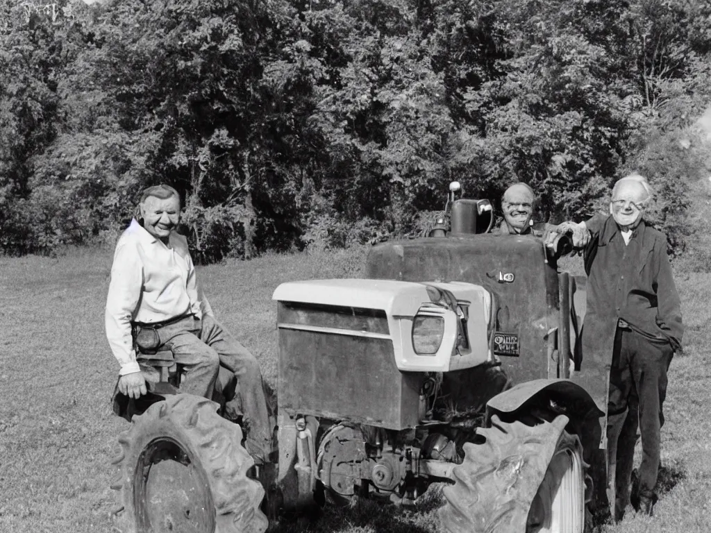 Prompt: happy finnish grandpa posing next to his new valmet - tractor smiling to the camera, 1 9 6 6, home album pocket camera photo, detailed facial features, hyper realistic