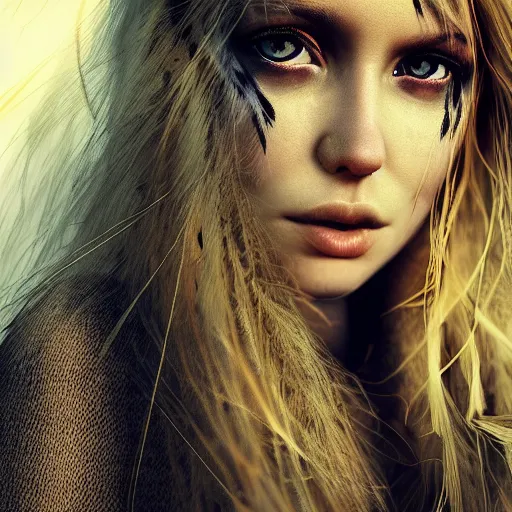 Prompt: pretty blond girl with raven feathers growing out of her skin, golden hour, caustics, shallow depth of field, moody lighting, 8 k, concept art,