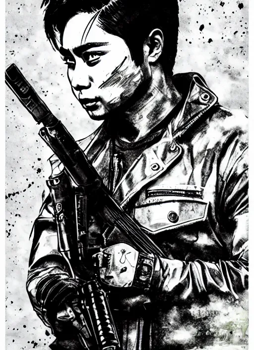 Image similar to coco martin as cardo dalisay from ang probinsyano in a poster shot, in the style of yoji shinkawa, ink on paper, gritty, dark hues