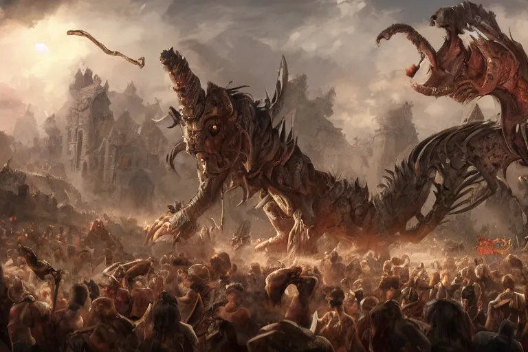 Prompt: a chimera being praised by a horde of people in a village, digital painting, mixed media, trending on artstation and deviantart, epic composition, highly detailed, 8 k