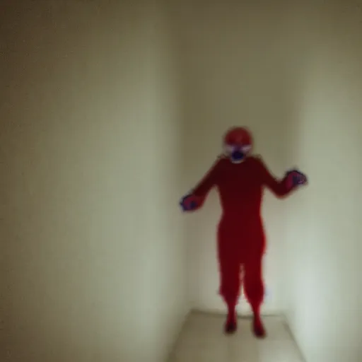 Image similar to terrifying clown in the corner of a dark room, creepypasta, blurry camera photo