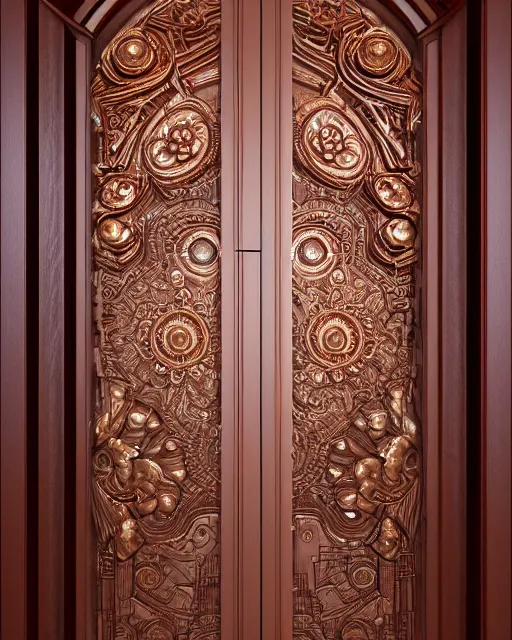 Prompt: celestial door with cosmic inscriptions glowing, mahogany burl wood door with intricate ivory carved flowers, gilding, artstation, sylvain sarrailh, 3 d