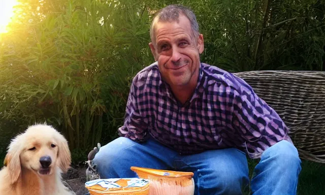 Image similar to My dad Steve just took a hit from the bongo and have good time being gracefully relaxed in the garden, sunset lighting. My second name is Carell. My dad second name is Carell. Im the dog and Steve Carell is my dad. Detailed face