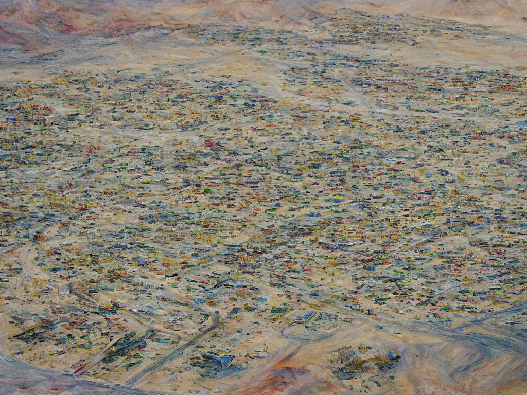 Image similar to landscape, bird view, large Trailer park in the desert near the oasis with a reservoir and rednecks, painting by style Julie Mehretu